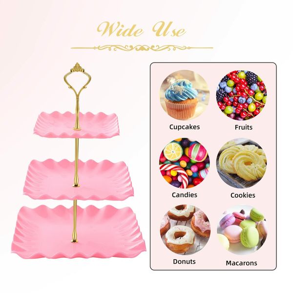 Dessert Cupcake Stand,3 Tier Cup Cake Holder Tower for Tea Party/Birthday/Weeding,Plastic Tiered Serving Tray with Metal Rod,Pink