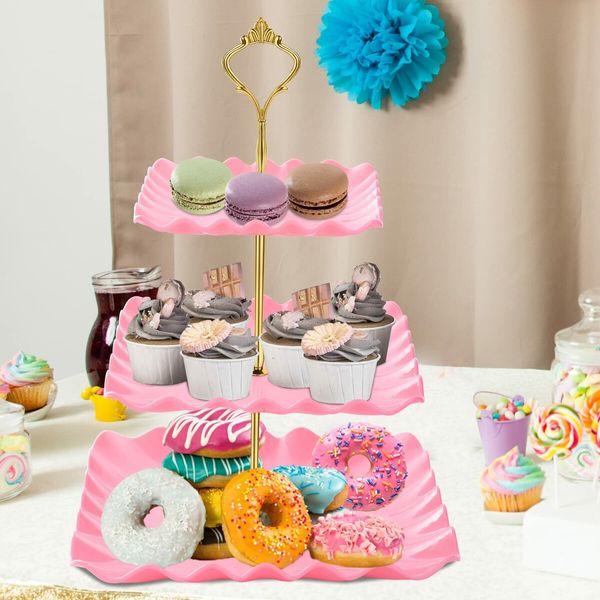 Dessert Cupcake Stand,3 Tier Cup Cake Holder Tower for Tea Party/Birthday/Weeding,Plastic Tiered Serving Tray with Metal Rod,Pink