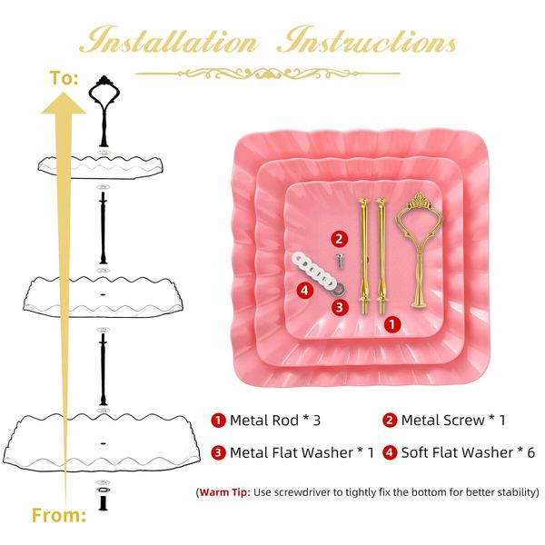 Dessert Cupcake Stand,3 Tier Cup Cake Holder Tower for Tea Party/Birthday/Weeding,Plastic Tiered Serving Tray with Metal Rod,Pink