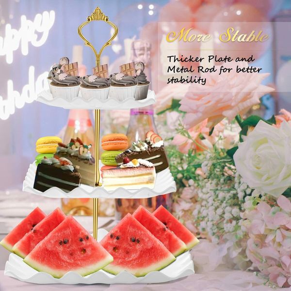 Dessert Cupcake Stand,3 Tier Cup Cake Holder Tower for Tea Party/Birthday/Weeding,Plastic Tiered Serving Tray with Metal Rod,White