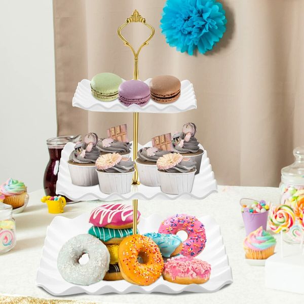 Dessert Cupcake Stand,3 Tier Cup Cake Holder Tower for Tea Party/Birthday/Weeding,Plastic Tiered Serving Tray with Metal Rod,White