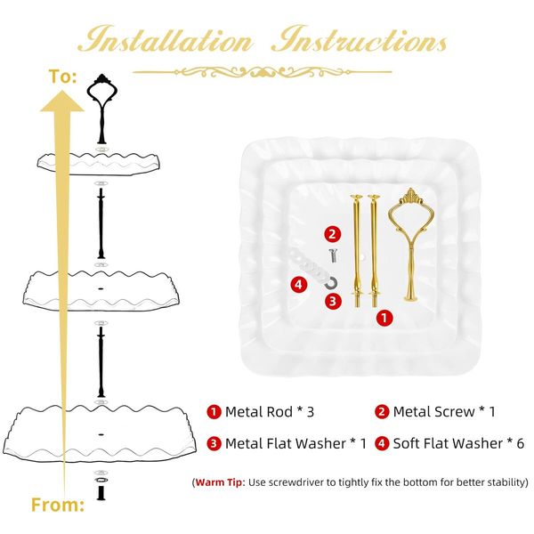 Dessert Cupcake Stand,3 Tier Cup Cake Holder Tower for Tea Party/Birthday/Weeding,Plastic Tiered Serving Tray with Metal Rod,White