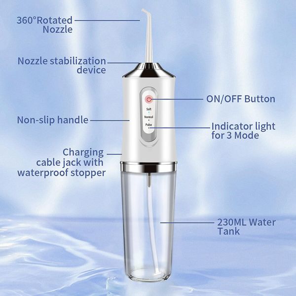 Water Flosser Cordless Teeth Cleaner,Water Dental Flosser with 3 Modes 4 Jets Rechargeable IPX7 Waterproof Dental Oral Irrigator for Travel Home Braces (White)