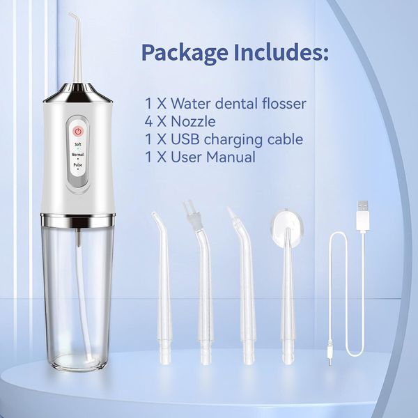 Water Flosser Cordless Teeth Cleaner,Water Dental Flosser with 3 Modes 4 Jets Rechargeable IPX7 Waterproof Dental Oral Irrigator for Travel Home Braces (White)