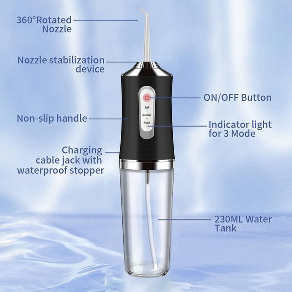 Water Flosser Cordless Teeth Cleaner,Water Dental Flosser with 3 Modes 4 Jets Rechargeable IPX7 Waterproof Dental Oral Irrigator for Travel Home Braces (Black)