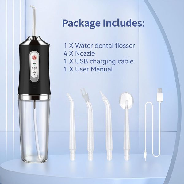 Water Flosser Cordless Teeth Cleaner,Water Dental Flosser with 3 Modes 4 Jets Rechargeable IPX7 Waterproof Dental Oral Irrigator for Travel Home Braces (Black)