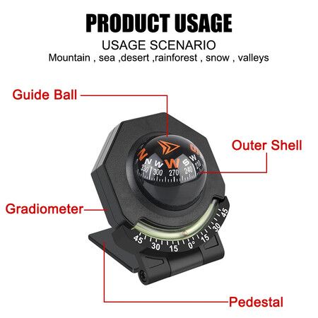 Foldable Car Dashboard Compass Ball for Vehicle Boat High Precision Navigation With Slope Meter 2-In-1 Car Mount Compass Ball