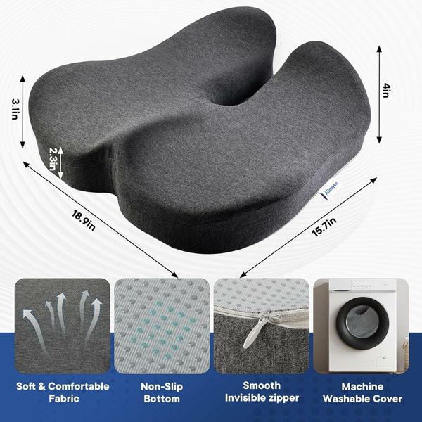 Seat Cushion for Office Chair,Pressure Relief Seat Cushion for Long Sitting,Non-Slip Memory Foam Firm Coccyx Pad for Relief Sciatica,Hip (Darkgray)