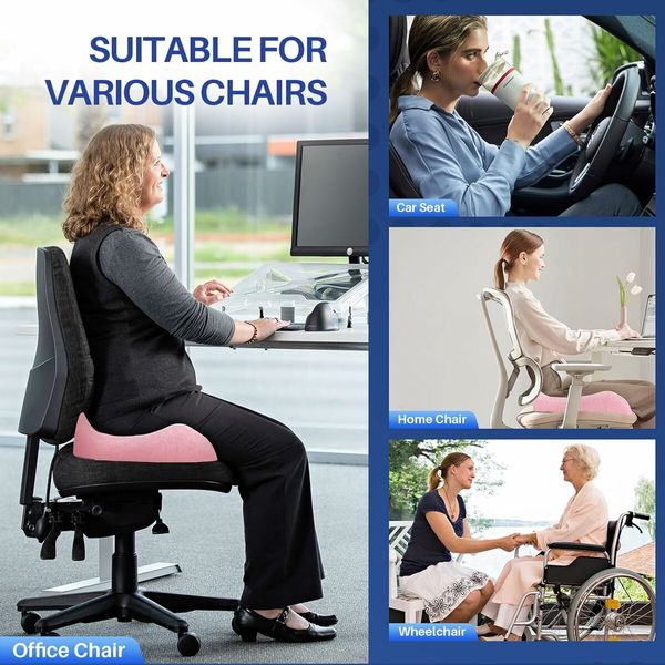 Seat Cushion for Office Chair,Pressure Relief Seat Cushion for Long Sitting,Non-Slip Memory Foam Firm Coccyx Pad for Relief Sciatica,Hip (Pink)