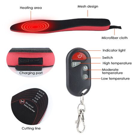 Electric Heated Shoe Insoles USB Rechargeable Feet Warmer Winter Outdoor Remote Control Heating Insoles Foot Warming Shoes Pad Size S