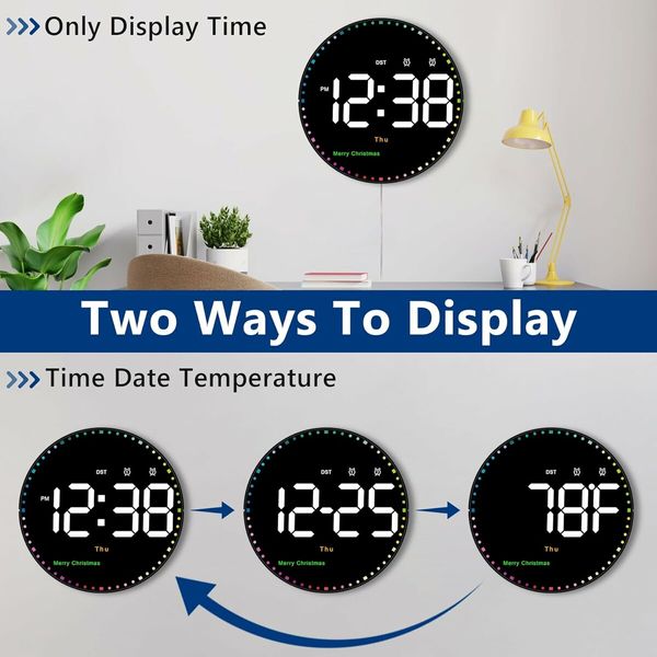 Digital Wall Clock with Remote, Colorful Dynamic LED Large Display with Time Date Temp Week, Wall Clock for Office Kitchen Living Room Decor