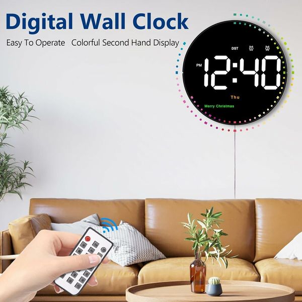 Digital Wall Clock with Remote, Colorful Dynamic LED Large Display with Time Date Temp Week, Wall Clock for Office Kitchen Living Room Decor
