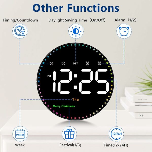 Digital Wall Clock with Remote, Colorful Dynamic LED Large Display with Time Date Temp Week, Wall Clock for Office Kitchen Living Room Decor