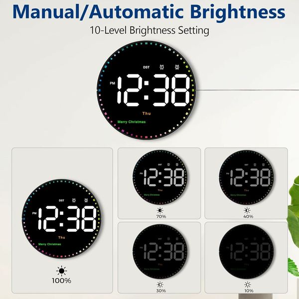 Digital Wall Clock with Remote, Colorful Dynamic LED Large Display with Time Date Temp Week, Wall Clock for Office Kitchen Living Room Decor