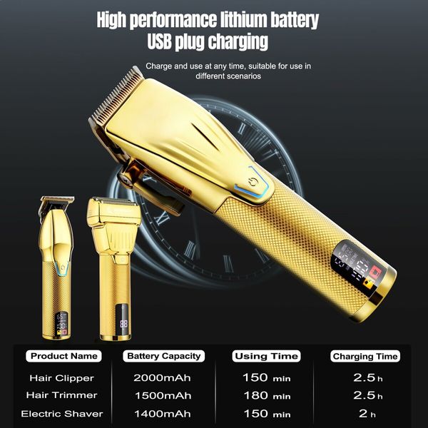 Professional Hair Clippers for Men, Barber Clippers and Trimmer Set with Cordless Electric Razor and LCD Display(Gold)