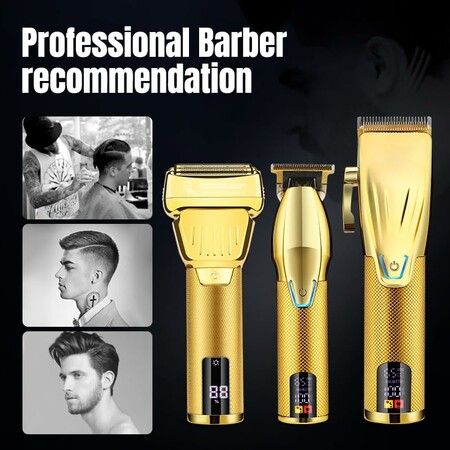 Professional Hair Clippers for Men, Barber Clippers and Trimmer Set with Cordless Electric Razor and LCD Display(Gold)