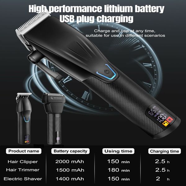 Professional Hair Clippers for Men, Barber Clippers and Trimmer Set with Cordless Electric Razor and LCD Display(Black)