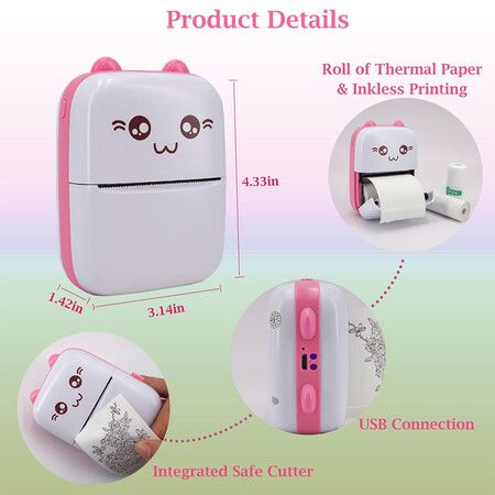 Portable Thermal Printer, Bluetooth Wireless Tiny Printer for Photos/Stickers/Labels/Notes/Receipts, Compatible with iOS and Android, Pink