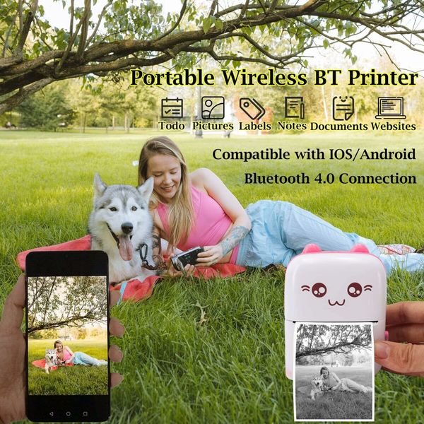 Portable Thermal Printer, Bluetooth Wireless Tiny Printer for Photos/Stickers/Labels/Notes/Receipts, Compatible with iOS and Android, Pink