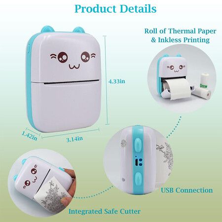 Portable Thermal Printer, Bluetooth Wireless Tiny Printer for Photos/Stickers/Labels/Notes/Receipts, Compatible with iOS and Android, Blue