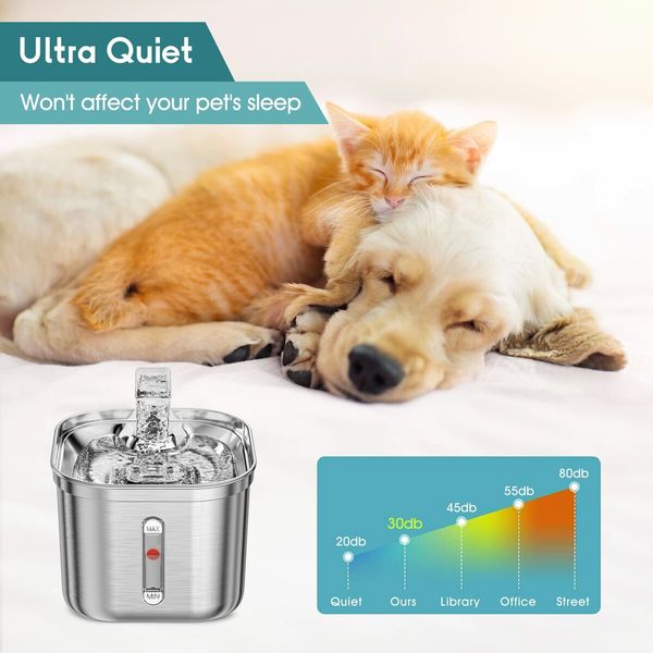 Cat Filter Water Fountain Stainless Steel Pet Fountain 2.2L Dispenser USB Powered For Cats and Dogs