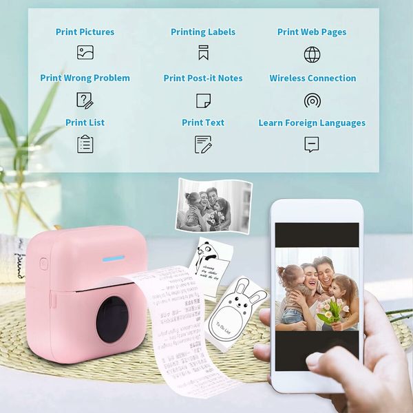 Mini Inkless Thermal Printer for iOS and Android for Bluetooth Wireless Mini Portable Printer for DIY,Memo,List (Pink)