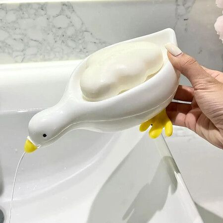 Soap Dish Shower Container Cute White Duck Self Draining Soap Box Suction Cup Bathroom Accessories For Bath Room Restroom