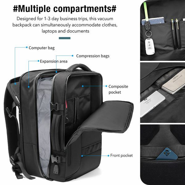 Vacuum Travel Backpack Carryon Luggage Compression Bag Rucksack Men Laptop Vac Pack Work Business Expandable USB Charging Port