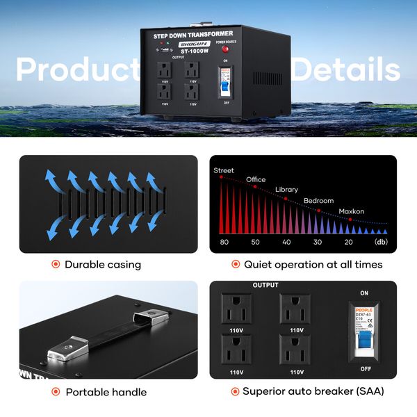 Step Down Transformer 1000W 240V-110V Stepdown Electric Voltage Converter AU to US with 4 AC Output Sockets 5V USB Port