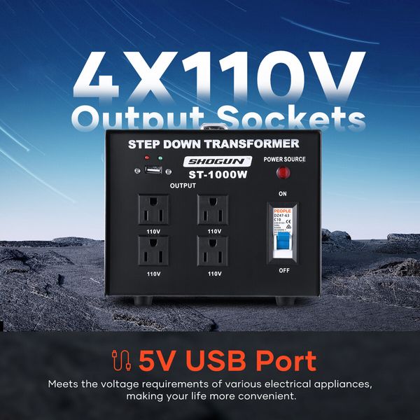 Step Down Transformer 1000W 240V-110V Stepdown Electric Voltage Converter AU to US with 4 AC Output Sockets 5V USB Port