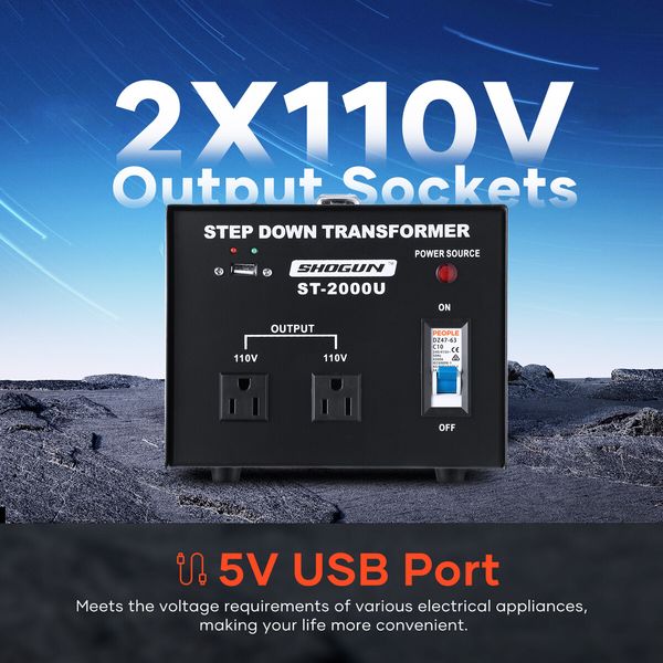 240V-110V Step Down Transformer 2000W Stepdown Electric Voltage Converter AU to US with 2 AC Output Sockets 5V USB Port