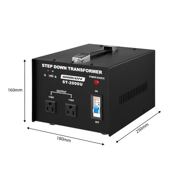 240V-110V Step Down Transformer 2000W Stepdown Electric Voltage Converter AU to US with 2 AC Output Sockets 5V USB Port