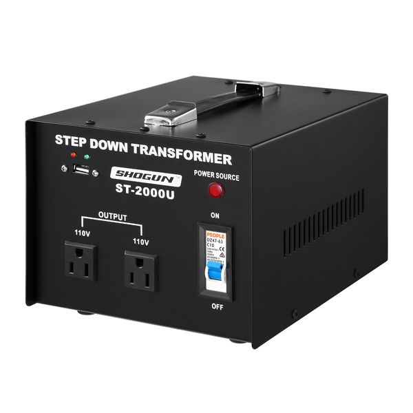 240V-110V Step Down Transformer 2000W Stepdown Electric Voltage Converter AU to US with 2 AC Output Sockets 5V USB Port