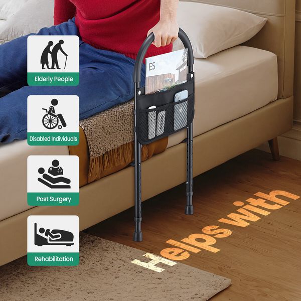 Bed Safety Rail Bedside Mobility Aid Support Guard Medical Assist Handle Grab Bar for Elderly Handicap with Strap Bag