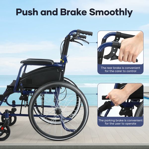 Folding Wheelchair 20 Inch Mobility Aid Equipment Elderly Disabled Medical Portable Transport Travel Rear Handbrakes