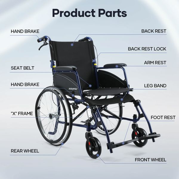 Folding Wheelchair 20 Inch Mobility Aid Equipment Elderly Disabled Medical Portable Transport Travel Rear Handbrakes