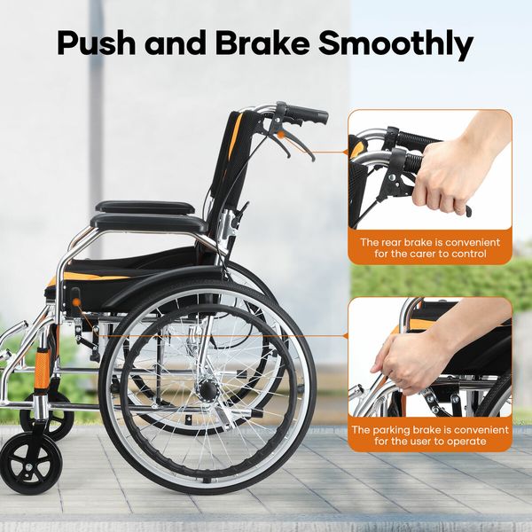 Mobility Wheelchair 20Inch Folding Lightweight Aluminium Medical Aid Equipment Portable Transport Travel Handbrakes