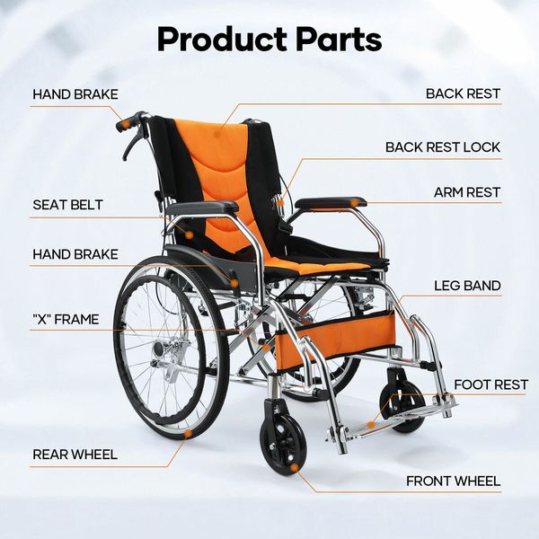 Mobility Wheelchair 20Inch Folding Lightweight Aluminium Medical Aid Equipment Portable Transport Travel Handbrakes