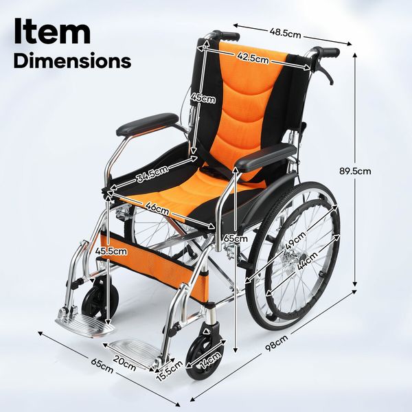 Mobility Wheelchair 20Inch Folding Lightweight Aluminium Medical Aid Equipment Portable Transport Travel Handbrakes