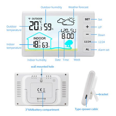 Digital Wireless Thermometer Hygrometer Indoor Outdoor High Precision Large LCD Backlight Clock Calendar