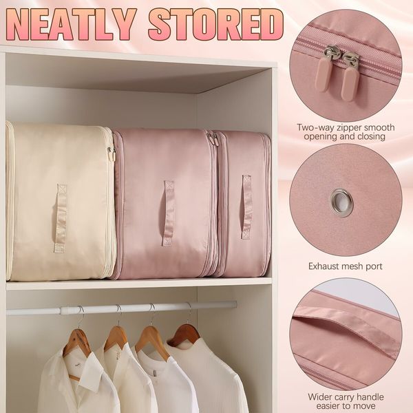 Ultra Space Saving Compression Organiser Heavy Duty Moving Bags Storage Tote for Comforters Clothes Blankets Bedding with Zipper(Pink-L)