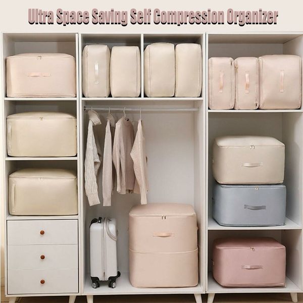 Ultra Space Saving Compression Organiser Heavy Duty Moving Bags Storage Tote for Comforters Clothes Blankets Bedding with Zipper(Beige-L)