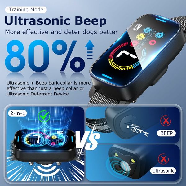 Bark Collar Smart Ultrasonic Dog Bark Collar Deterrent Device Rechargeable Anti Barking Collar with Adjustable Ultrasonic Beep Vibration Shock and 7 Sensitivity (Black)