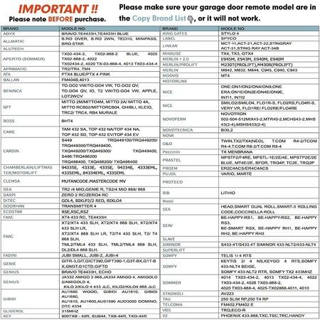 Universal Multi-Frequency Garage Remote Control Duplicator 280-868MHz 4 Door Opener,Ensure Your Model in Brand Table List