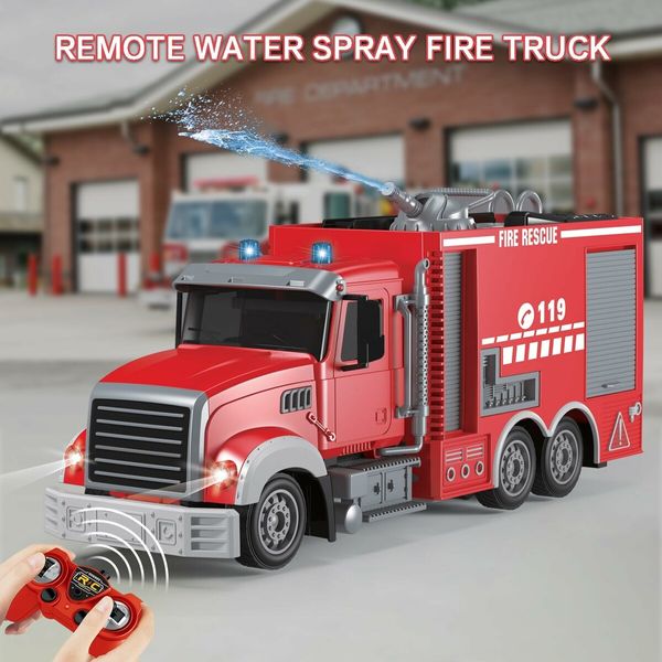 Remote Control Firetruck Toy with Water Spraying Pump and Lights, 6 Channel Remote Operated Fire Engine for Kids Boys Gift