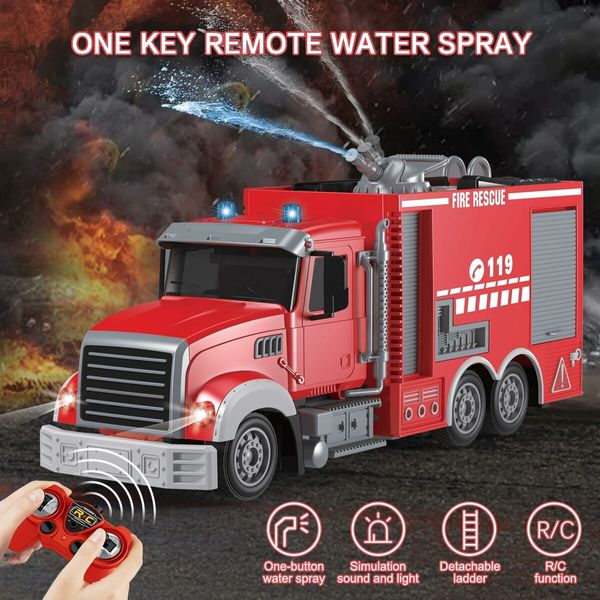 Remote Control Firetruck Toy with Water Spraying Pump and Lights, 6 Channel Remote Operated Fire Engine for Kids Boys Gift