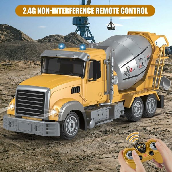 Remote Control Cement Mixer Construction Toys, 6 Channel Construction Truck Toys with Lights, Rechargeable Cement Truck Toys for Kids