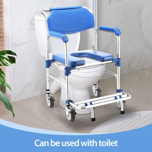 Commode Shower Chair Toilet Seat Wheelchair 3in1 Bath Stool Bathroom Bedside Mobility Raised Seating Furniture with Arms