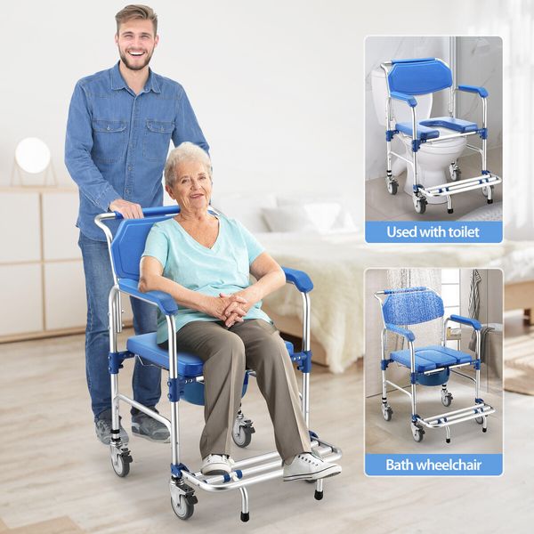 Commode Shower Chair Toilet Seat Wheelchair 3in1 Bath Stool Bathroom Bedside Mobility Raised Seating Furniture with Arms