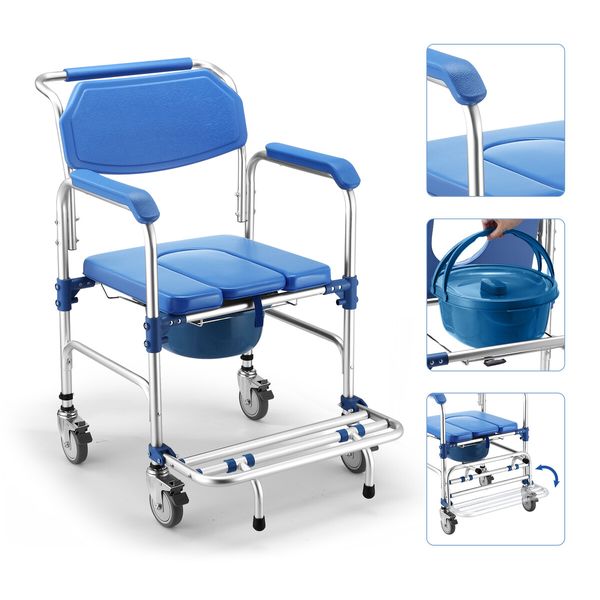 Commode Shower Chair Toilet Seat Wheelchair 3in1 Bath Stool Bathroom Bedside Mobility Raised Seating Furniture with Arms